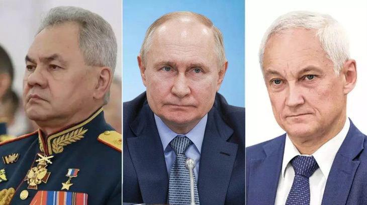 (Từ trái sang) Ông Sergei Shoigu, Tổng thống Nga Vladimir Putin và ông Andrei Belousov - Ảnh: TIMES NOW