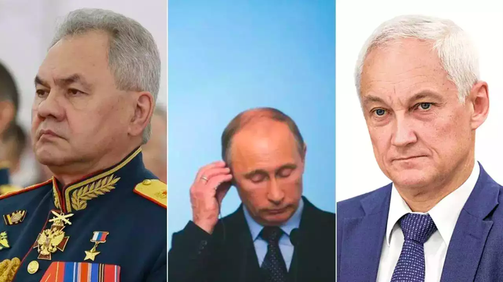 (Từ trái sang) Ông Sergei Shoigu, Tổng thống Nga Vladimir Putin, và ông Andrei Belousov - Ảnh: TIMES NOW