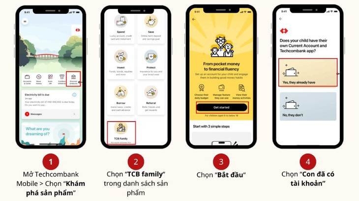 Với Techcombank Family, bố mẹ có thể dễ dàng đồng hành cùng con trong quá trình học cách quản lý tài chính với những thao tác đơn giản - Ảnh: TCB