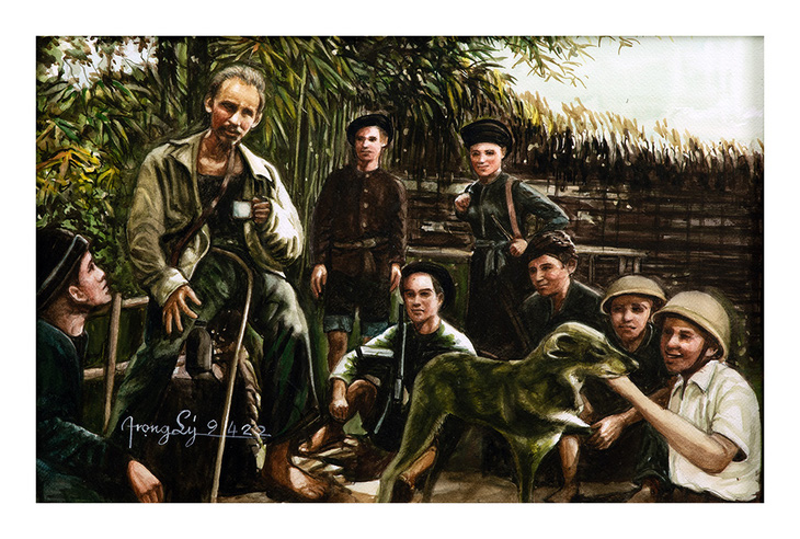 Tranh vẽ Bác Hồ bên các chiến sĩ ở Việt Bắc