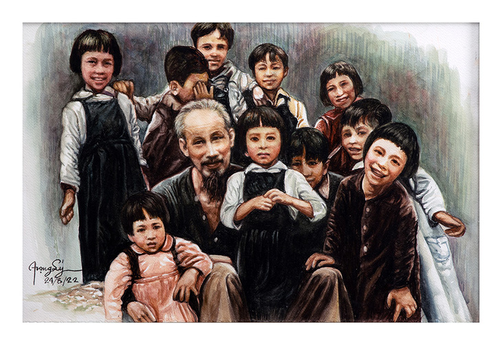 Ông Đào Trọng Lý vẽ nhiều bức tranh Bác Hồ với các em thiếu nhi