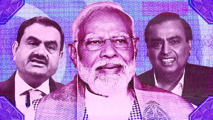 Từ trái sang: Các ông Andani, Modi và Ambani. Ảnh: CNN