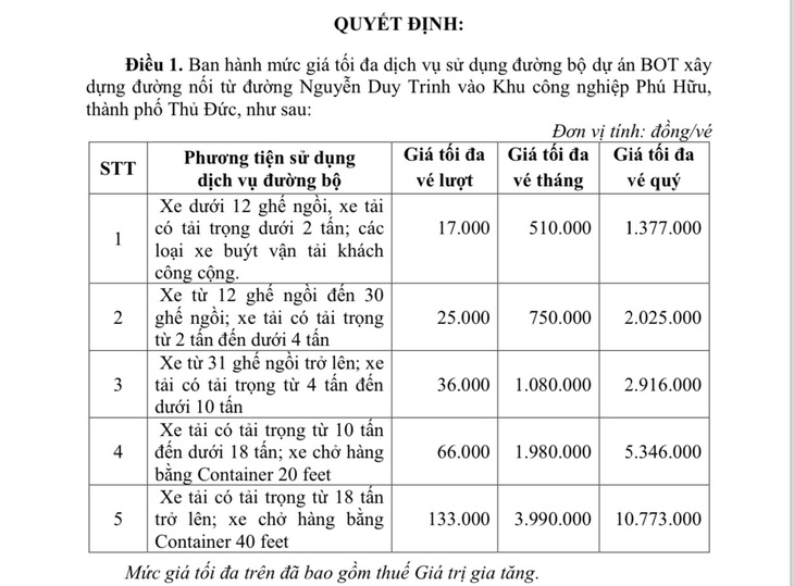 Mức thu phí cụ thể cho các loại xe đi lại qua BOT Phú Hữu - Nguồn: Quyết định của UBND TP.HCM 