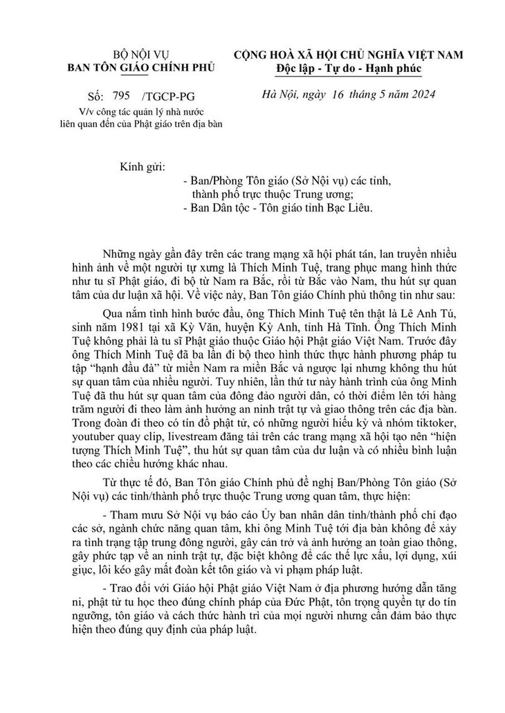 Ban Tôn giáo Chính phủ và Giáo hội Phật giáo Việt Nam ra văn bản về ‘sư Thích Minh Tuệ’- Ảnh 2.