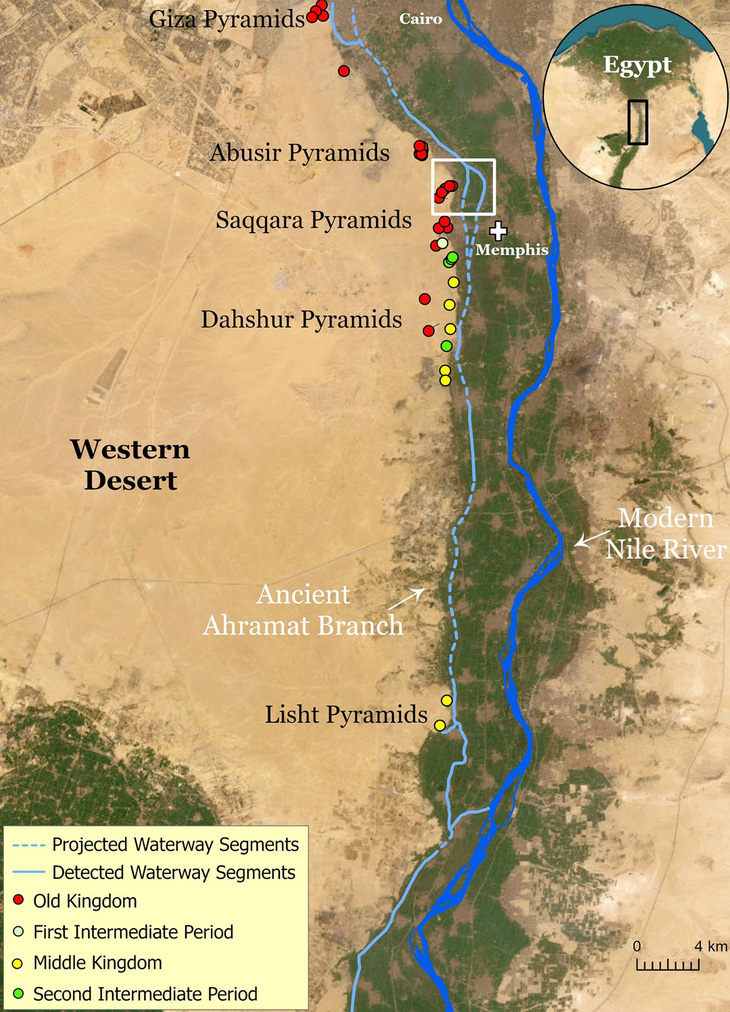 Nhánh sông Ahramat cổ xưa chảy dọc theo một loạt kim tự tháp ở Ai Cập - Ảnh: Eman Ghoneim