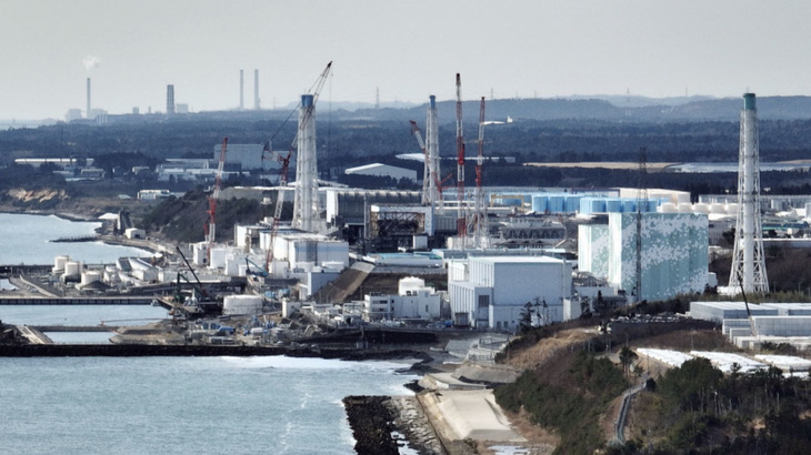 Ảnh chụp Nhà máy điện hạt nhân Fukushima (Nhật Bản) từ máy bay không người lái ngày 4-3-2024 - Ảnh: KYODO