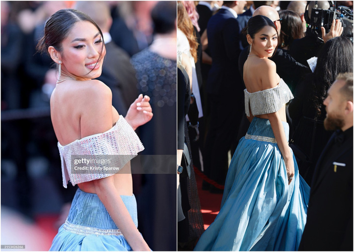 Ảnh á hậu Thảo Nhi Lê trên thảm đỏ Cannes do Getty Images chụp và ảnh cô do ê kíp cung cấp sau đó - Ảnh: Getty Images/NVCC