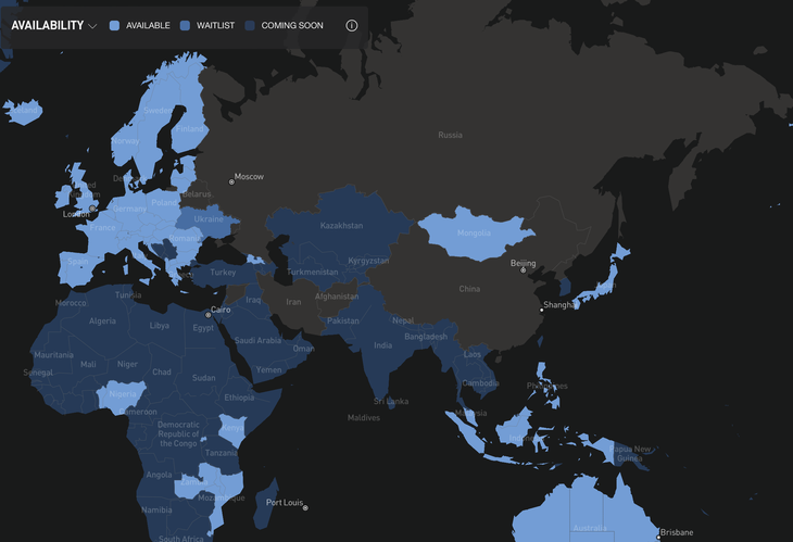 Bản đồ trên trang web của Starlink cho thấy các quốc gia và vùng lãnh thổ đã có sẵn dịch vụ Internet vệ tinh của Starlink hoặc đang chờ phê duyệt, sắp được triển khai - Ảnh chụp màn hình