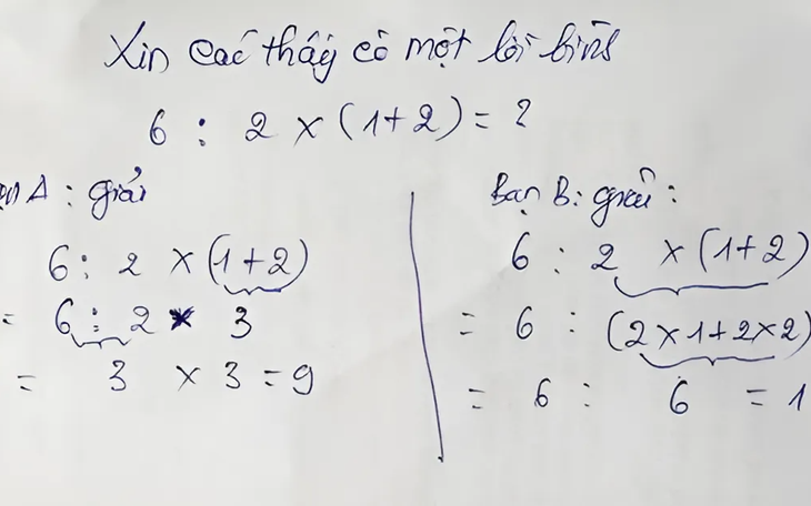 Phép toán gây tranh cãi: 6 : 2(1+2) = 1 hay 9?