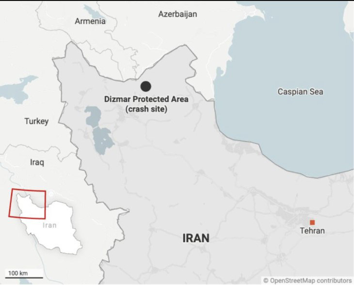 Khu vực chiếc trực thăng chở Tổng thống Iran Ebrahim Raisi được cho là bị rơi vào ngày 19-5. Trên bản đồ là vị trí đánh dấu "crash site" - Ảnh: Al Jazeera