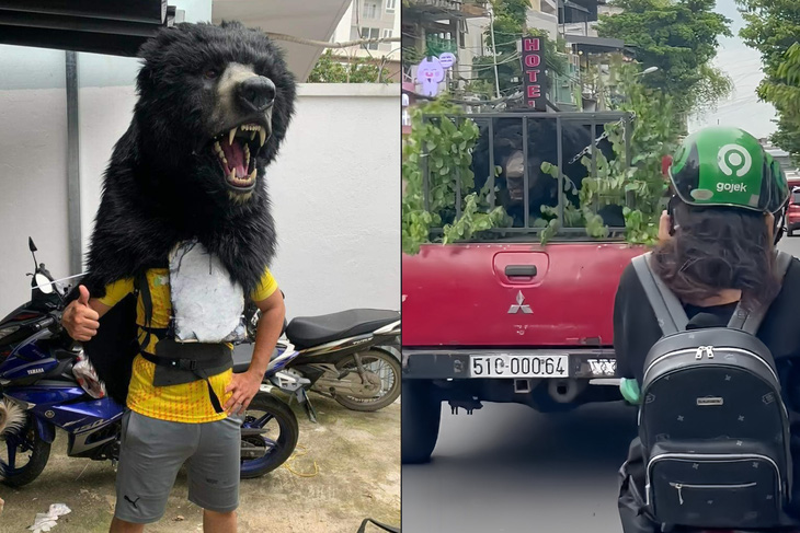 Mascot gấu được ê kíp Móng vuốt cho "đi dạo" quanh một vòng thành phố - Ảnh: ĐPCC