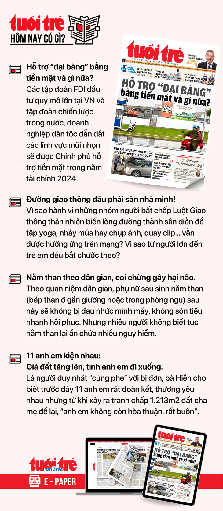 Tin tức đáng chú ý trên Tuổi Trẻ nhật báo ngày 22-5. Để đọc Tuổi Trẻ báo in phiên bản E-paper, mời bạn đăng ký Tuổi Trẻ Sao TẠI ĐÂY