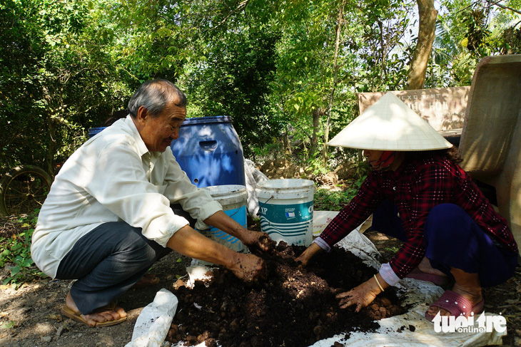 Vợ chồng ông Mai Hữu Tâm đang thực hiện khâu ủ phân từ lục bình để bón cho cây - Ảnh: ĐẶNG TUYẾT