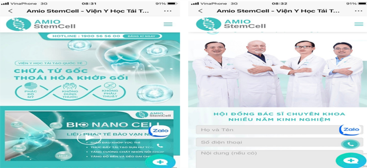 Quảng cáo trái phép của cơ sở Amio StemCell trên mạng - Ảnh: Sở Y tế TP.HCM cung cấp