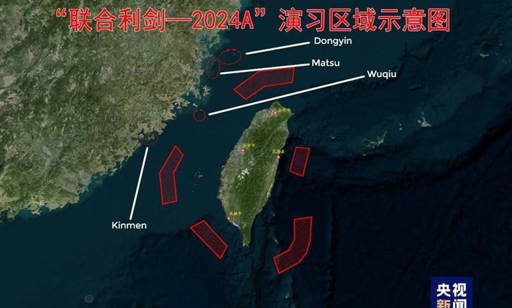 Bản đồ các khu vực tập trận của quân đội Trung Quốc trên khu vực eo biển Đài Loan - Ảnh: ĐÀI TRUYỀN HÌNH ĐÔNG NAM (TRUNG QUỐC)