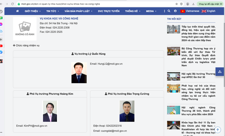 Website của Bộ Công Thương giới thiệu ông Phương Hoàng Kim là phó vụ trưởng Vụ Khoa học và Công nghệ - Ảnh chụp màn hình sáng 24-5
