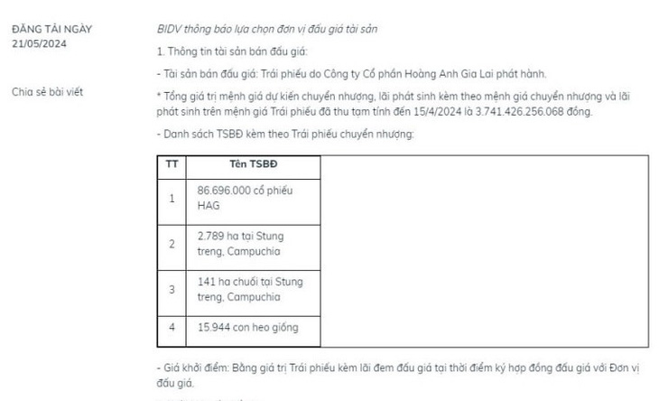 BIDV thông báo lựa chọn đơn vị đấu giá tài sản - Ảnh chụp màn hình