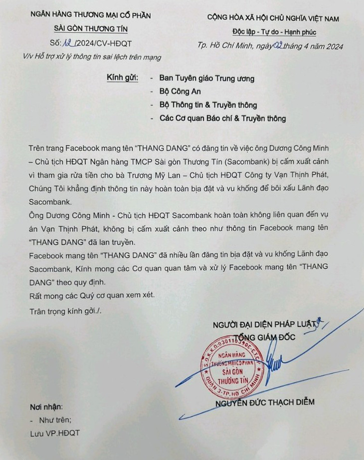 Ngân hàng Sacombank đã ban hành văn bản khẳng định những thông tin đăng trên Facebook Thang Dang về ông Dương Công Minh là hoàn toàn bịa đặt, vu khống để bôi xấu lãnh đạo Sacombank và đề nghị các cơ quan chức năng xử lý theo quy định