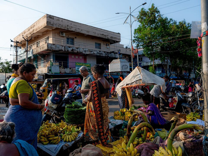 Một gian hàng bán chuối tại khu chợ thành phố Vizianagaram, Ấn Độ ngày 10-5 - Ảnh: BLOOMBERG