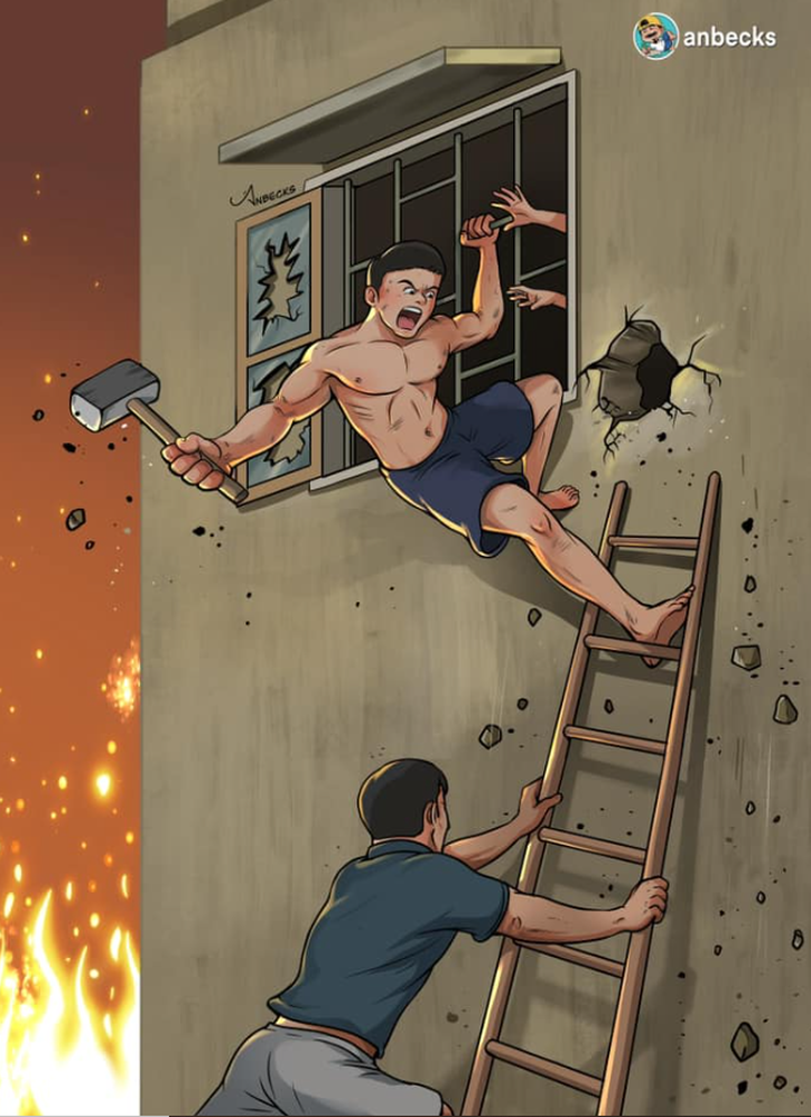 Họa sĩ Thái Hà An khắc họa những người anh hùng cứu người trong biển lửa theo lời yêu cầu của dân mạng - Ảnh: Anbecks