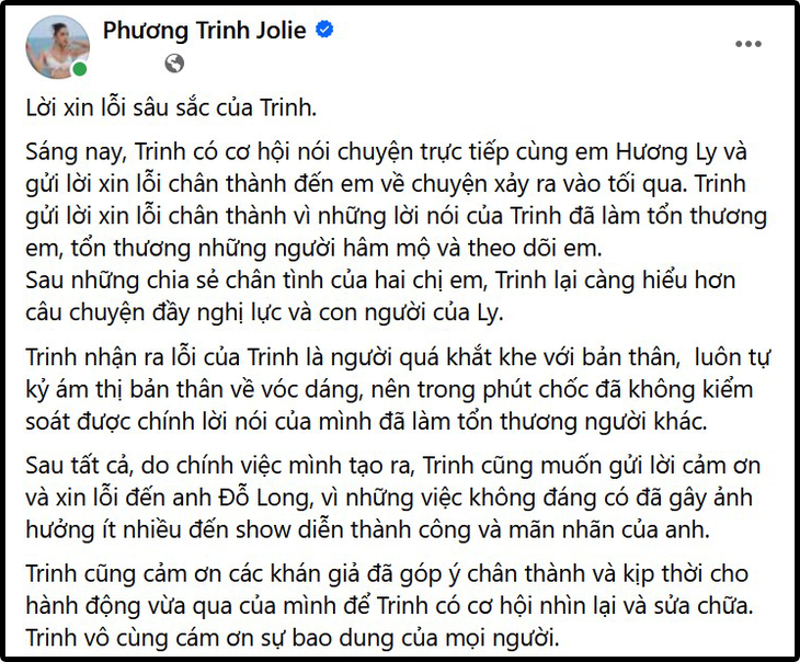 Tâm thư xin lỗi của Phương Trinh Jolie trên trang cá nhân
