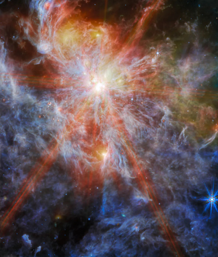 Bên trong đám mây Magellan lớn (một thiên hà vệ tinh của Dải Ngân hà) là N79, một tổ hợp hình thành sao khổng lồ. N79 tạo ra các ngôi sao với tốc độ ấn tượng và nhanh hơn nhiều so với các vùng tương tự trong thiên hà của chúng ta - Hình ảnh: ESA/Webb, NASA & CSA, O. Nayak, M. Meixner