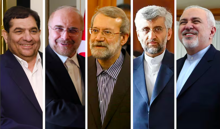 Các ứng viên tiềm năng cho vị trí tổng thống Iran. Từ trái sang là các ông Mohammad Mokhber, Mohammad Bagher Ghalibaf, Ali Larijani, Saeed Jalili và Mohammad Javad Zarif - Ảnh: THE NATIONAL