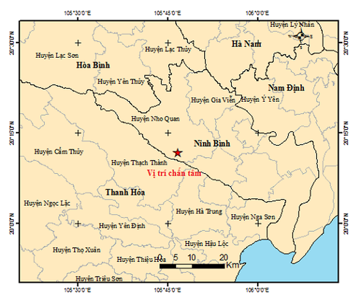 Bản đồ tâm chấn trận động đất ở Ninh Bình sáng 27-5 - Ảnh: Viện Vật lý địa cầu