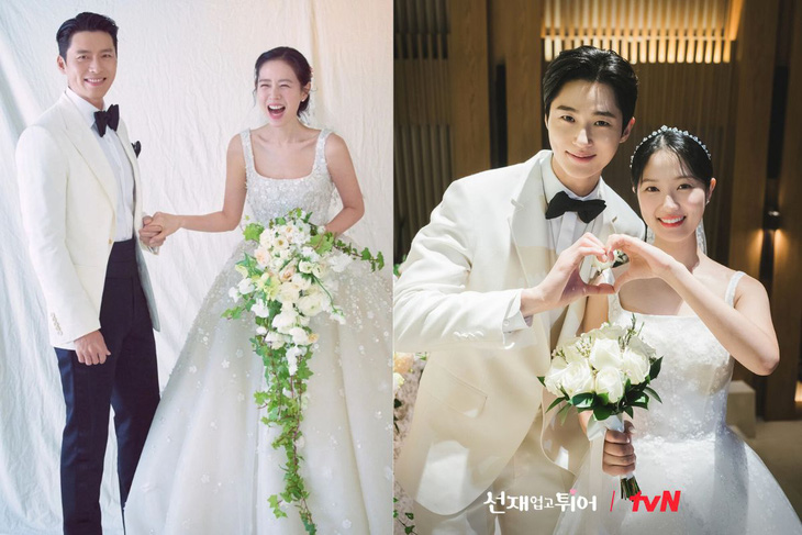 Trang phục cưới của cặp đôi Cõng anh mà chạy được so sánh với cặp vợ chồng Hyun Bin, Son Ye Jin.