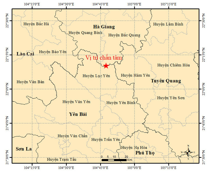 Bản đồ tâm chấn trận động đất ở Lục Yên, Yên Bái chiều 29-5 - Ảnh: Viện Vật lý địa cầu