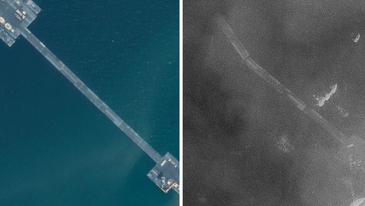 The image on the left shows the normal condition of the pier on May 18. The image on the right shows the pier on May 28 with a large part missing - Photo: 2024 MAXAR TECHNOLOGIES