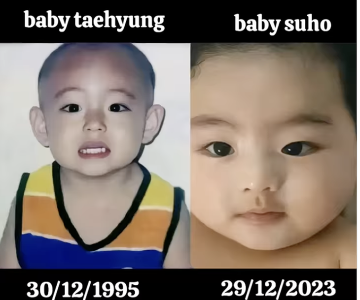 Dân mạng còn ghép ảnh em bé Suho với V (BTS) lúc nhỏ để khẳng định sự giống nhau, đặc biệt đôi mắt
