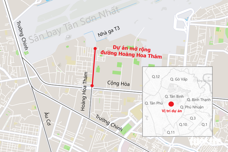 Vị trí dự án mở rộng đường Hoàng Hoa Thám từ đường Cộng Hòa đến sân bay Tân Sơn Nhất - Đồ họa: PHƯƠNG NHI
