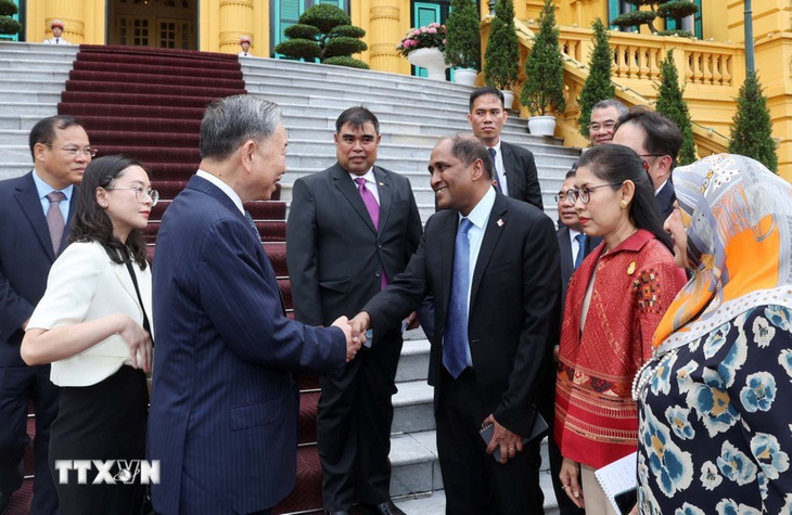 Chủ tịch nước Tô Lâm bắt tay đại sứ, đại biện các nước Đông Nam Á tại Phủ Chủ tịch chiều 30-5 - Ảnh: TTXVN