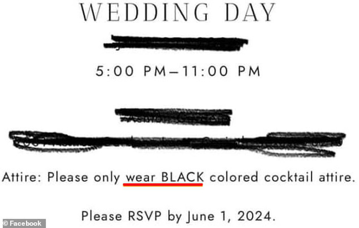 Tấm thiệp cưới với dòng yêu cầu về dress code: trang phục đen toàn tập