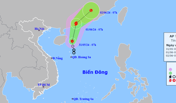 Vị trí và hướng di chuyển áp thấp nhiệt đới lúc 7h sáng 31-5 - Ảnh: NCHMF