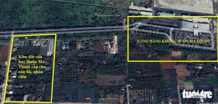Khu vực 4,4ha đất dọc đường Đam San vào sân bay được nguyên lãnh đạo cắt đất sân bay cấp cho cán bộ, nhân viên, nay đã thành khu dân cư - Ảnh chụp vệ tinh