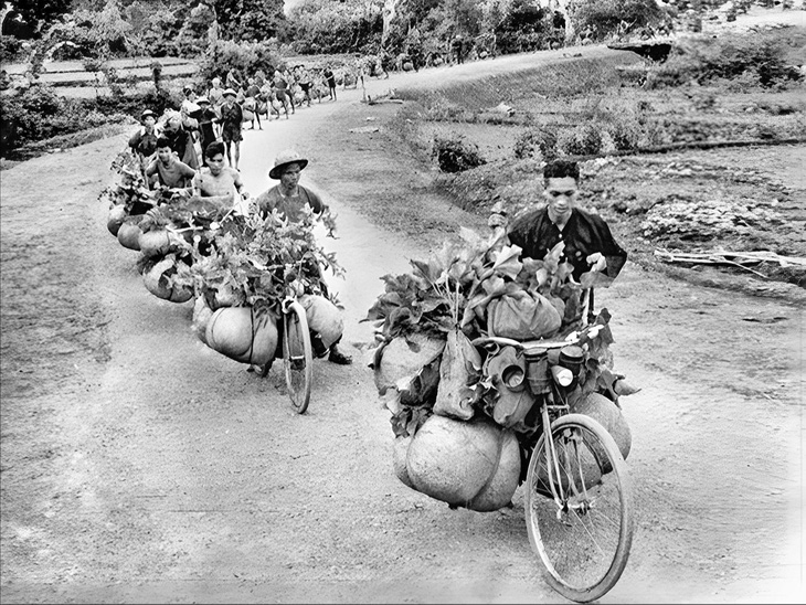 Xe đạp thồ vận chuyển lương thực vào mặt trận - Ảnh: ĐINH NGỌC THÔNG