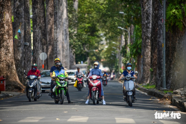 Người dân chờ đèn đỏ dưới bóng cây xanh trên đường Huyền Trân Công Chúa, quận 1, TP.HCM - Ảnh: QUANG ĐỊNH