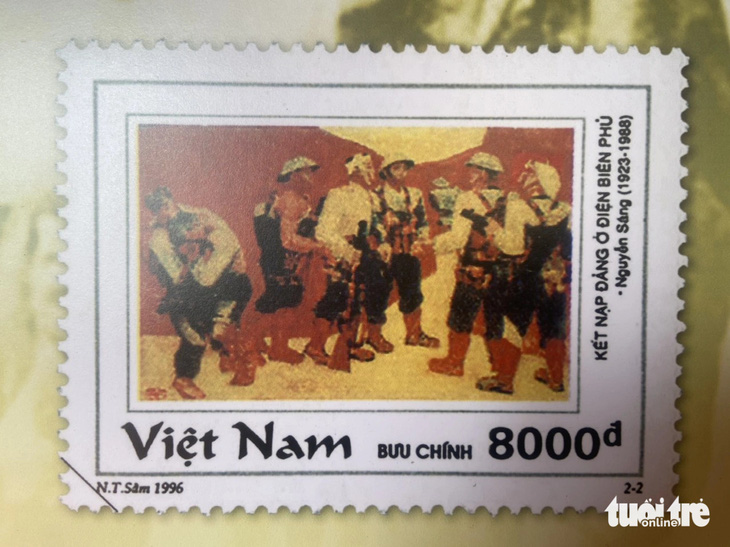 Tem in tranh Kết nạp Đảng ở Điện Biên Phủ của danh họa Nguyễn Sáng