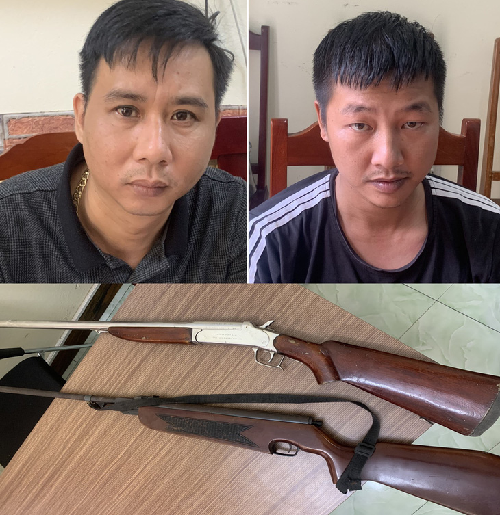 Hai nghi phạm Hoàng Trung Hiếu, Nguyễn Công Hùng và tang vật vụ án - Ảnh: Công an tỉnh Thanh Hóa cung cấp