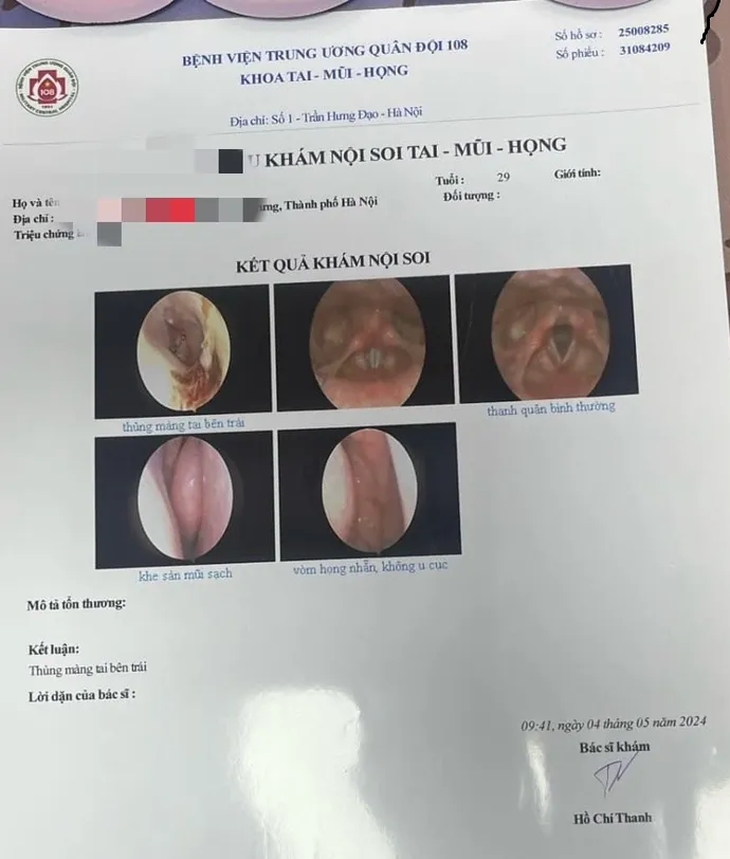 Kết quả chẩn đoán nữ du khách bị thủng màng nhĩ trái - Ảnh: Nhân vật đăng trên Facebook