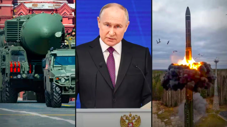 Tên lửa đạn đạo Yars có khả năng mang đầu đạn hạt nhân trong cuộc duyệt binh của Nga năm 2020 (bìa trái), Tổng thống Nga Vladimir Putin (giữa) và tên lửa Yars trong cuộc thử nghiệm ở Nga vào năm 2022 (bìa phải) - Ảnh: SBS News/AAP
