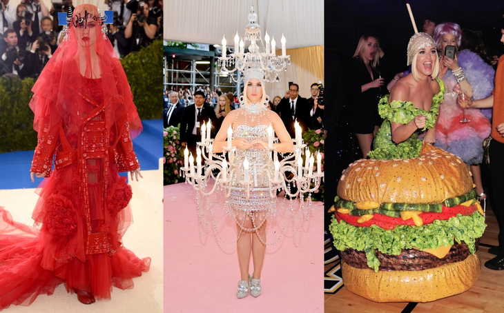 Chẳng thua kém gì Lady Gaga, nữ ca sĩ Katy Perry cũng có hàng loạt outfit để đời khi tham dự Met Gala. Lúc thì như nữ sát thủ với miếng vải trùm đầu đỏ, khi lại thắp sáng toàn bộ thảm đỏ với outfit đầy đèn điện và khiến ai nấy cũng phải đói bụng với thiết kế bánh Hamburger.