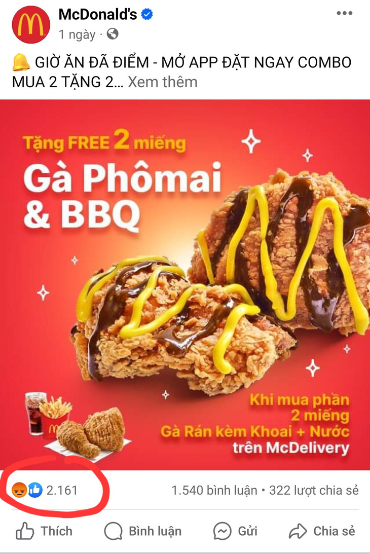 Chỉ sau 1 ngày đăng tải, bài viết chạy quảng cáo của McDonald's Việt Nam nhận về hơn 1.800 phẫn nộ trên tổng số 2.100 lượt thả cảm xúc, con số này vẫn đang tăng lên - Ảnh chụp màn hình