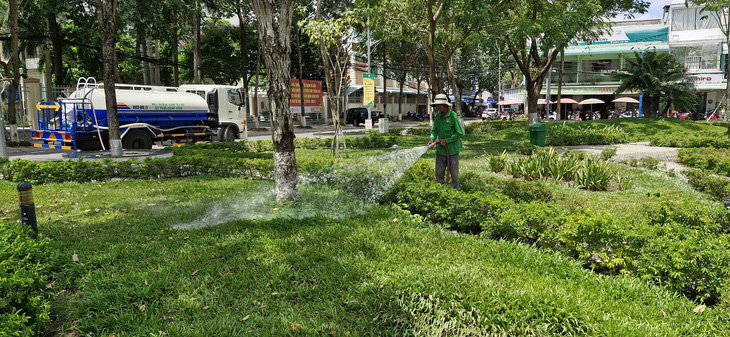 Chăm sóc cây xanh tại công viên Hùng Vương, quận Ninh Kiều, TP Cần Thơ - Ảnh: LÊ DÂN