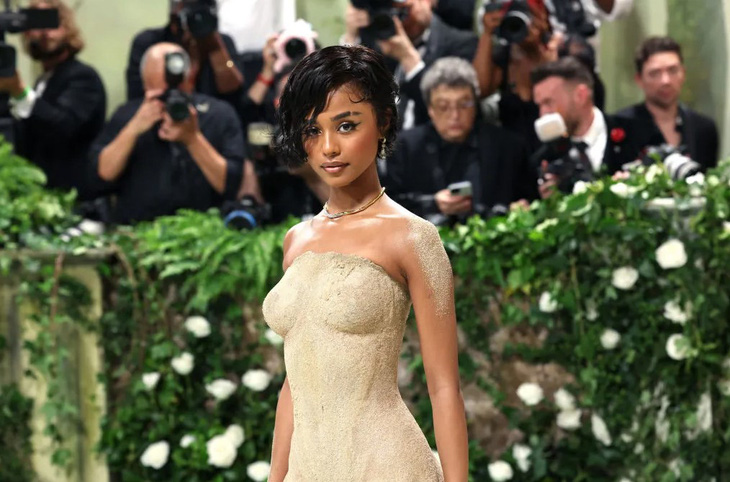 Inspired by the gala night's The Garden of Time theme, Balmain created a sand dress for Tyla - symbolizing the sands of time.