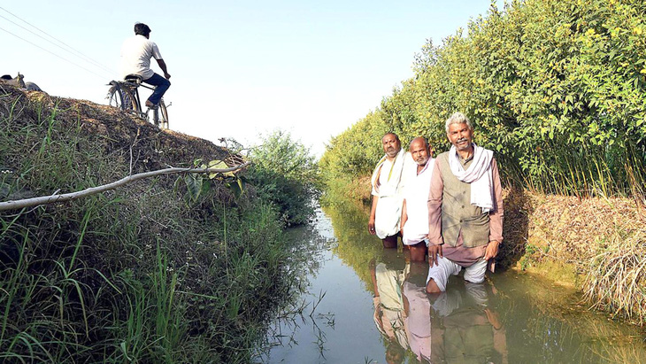 Ông Uma Shankar Pandey (bìa phải) cùng dân làng Jakhni trên mương trữ nước - Ảnh: India Today
