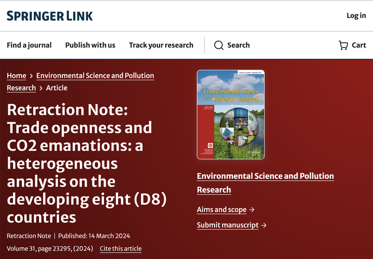Tạp chí Environmental Science and Pollution Research thông báo gỡ bỏ bài báo của nhóm tác giả có tên ông Võ Xuân Vinh - Ảnh chụp màn hình