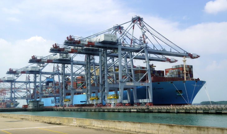 Tàu container Margrethe Maersk trọng tải 214.121 tấn làm hàng tại cảng CMIT sáng 26-10-2020 - Ảnh: ĐÔNG HÀ